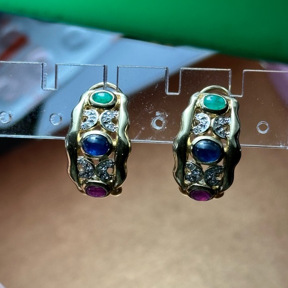 Vintage gold solid 14 k earrings with mined gemstones 💎and real diamonds - Picture 1 of 7